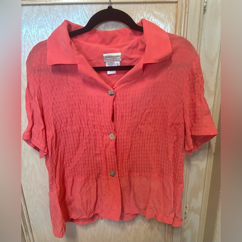 Coldwater Creek Blouse Plus Size 1X‎ Button Up Short Sleeve Coral Top